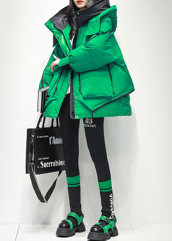 Green Zippered Hooded Pockets Duck Down Jacket Winter