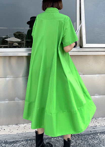 Green Button Peter Pan Collar a Line Dress Short Sleeve