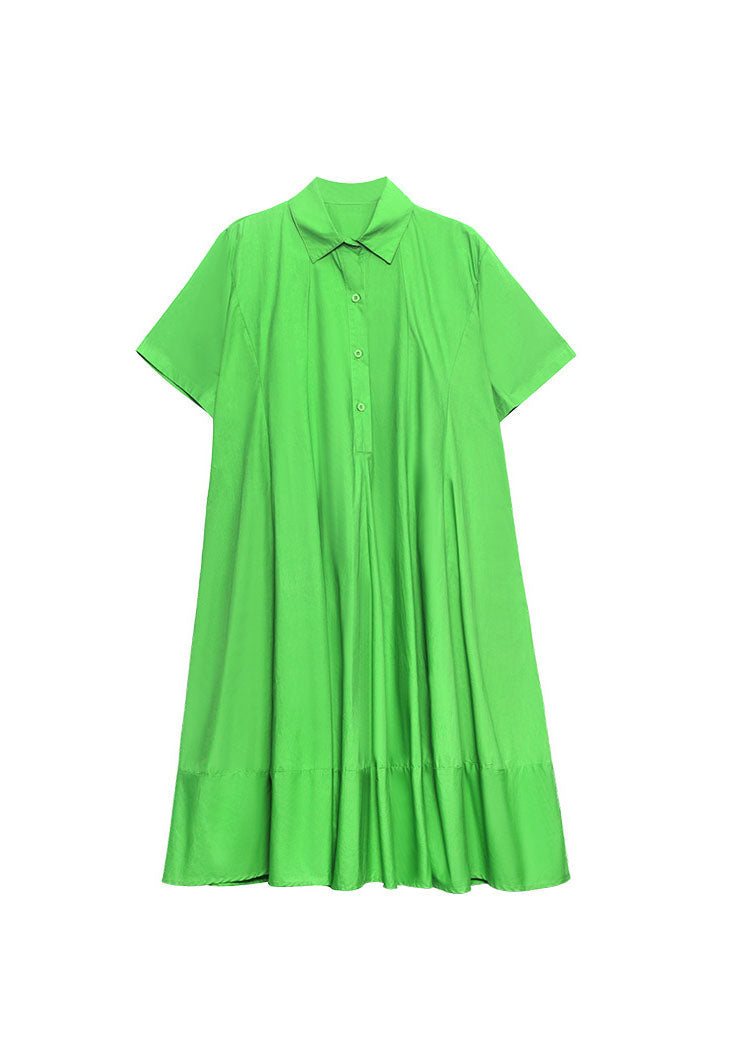 Green Button Peter Pan Collar a Line Dress Short Sleeve