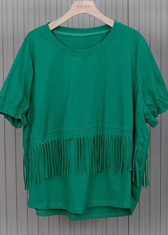 Green Tasseled Cotton Top Short Sleeve Summer
