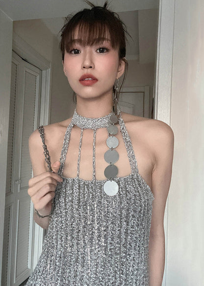Grey Cold Shoulder Slim Fit Knit Mid Dress Summer