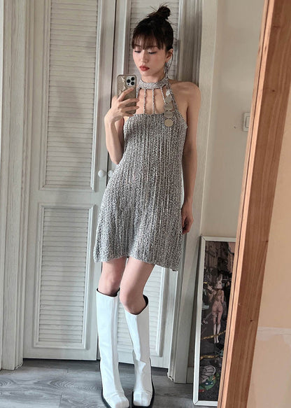 Grey Cold Shoulder Slim Fit Knit Mid Dress Summer