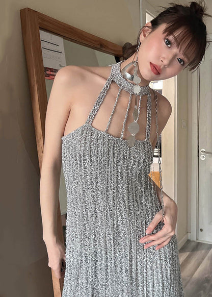 Grey Cold Shoulder Slim Fit Knit Mid Dress Summer