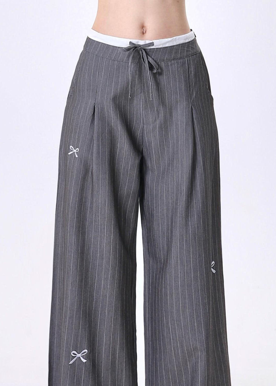 Grey Embroidered Bow Striped Patchwork Cotton Pants Spring