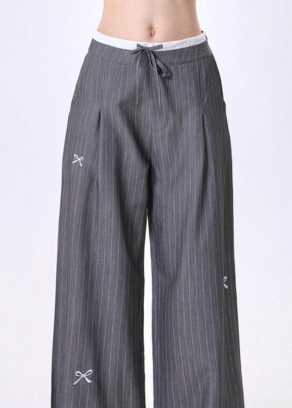 Grey Embroidered Bow Striped Patchwork Cotton Pants Spring