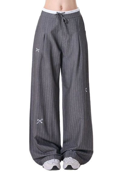 Grey Embroidered Bow Striped Patchwork Cotton Pants Spring