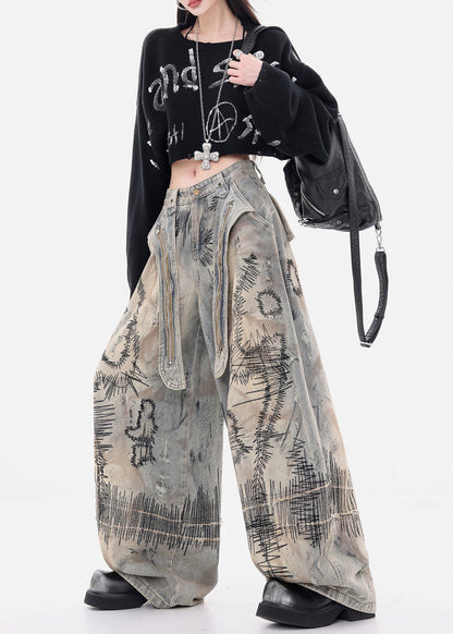 Grey Embroidered Denim Wide Leg Pants Spring