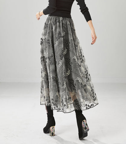 Grey Embroideried Exra Large Hem Tulle Skirts Fall