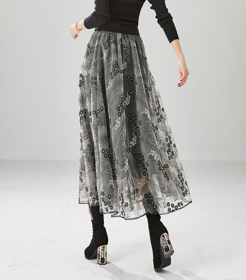 Grey Embroideried Exra Large Hem Tulle Skirts Fall