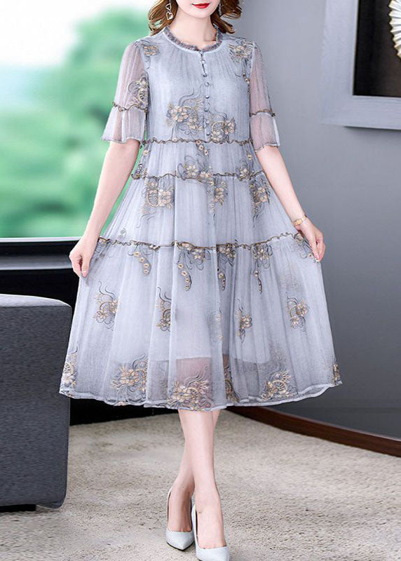 Grey Embroideried Ruffled Exra Large Hem Silk Holiday Dress Summer