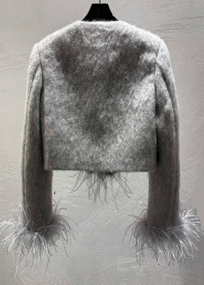 Grey Feather Patchwork Wool Coats Winter