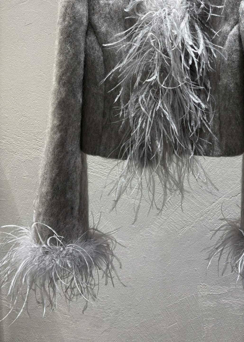 Grey Feather Patchwork Wool Coats Winter