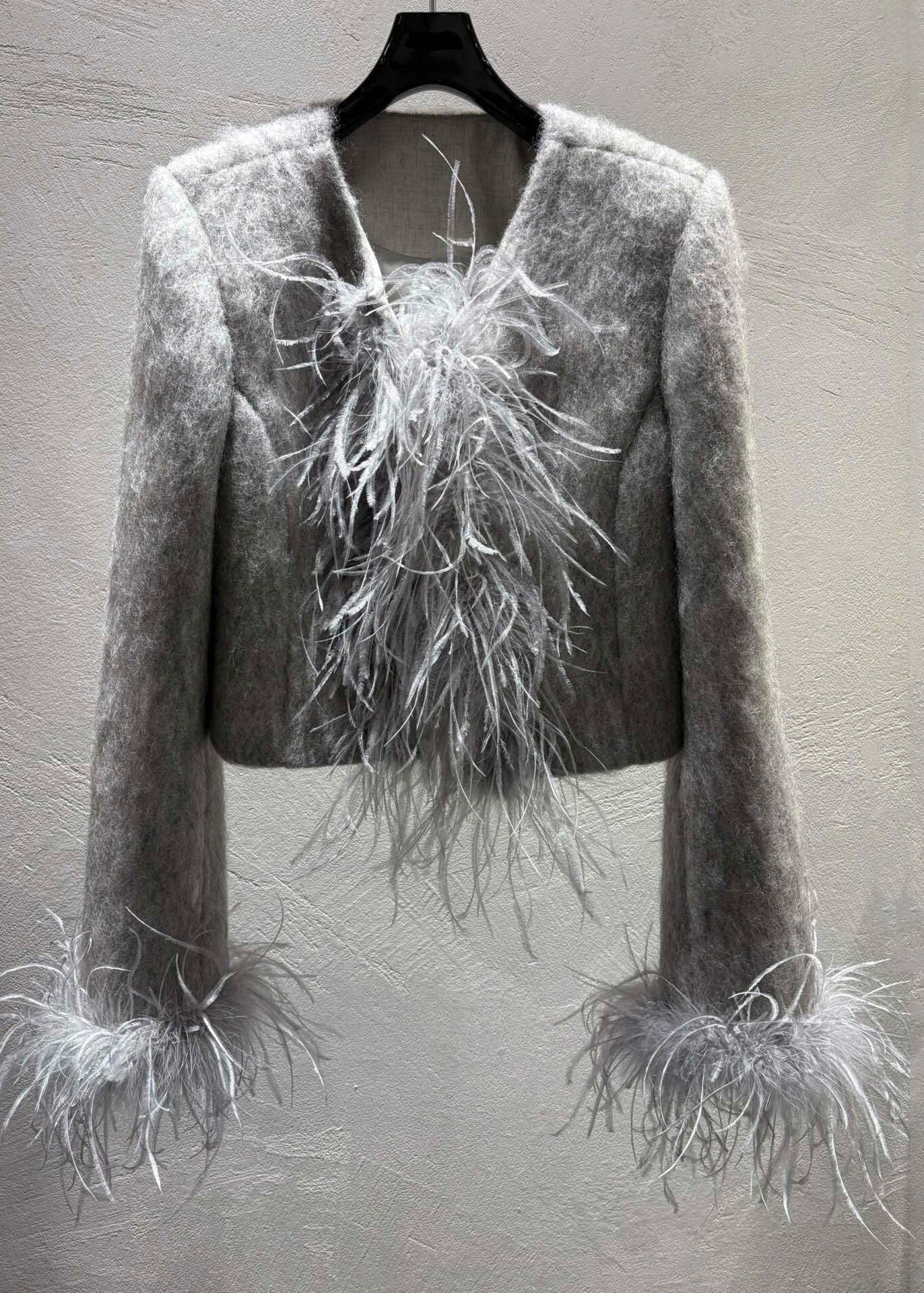 Grey Feather Patchwork Wool Coats Winter