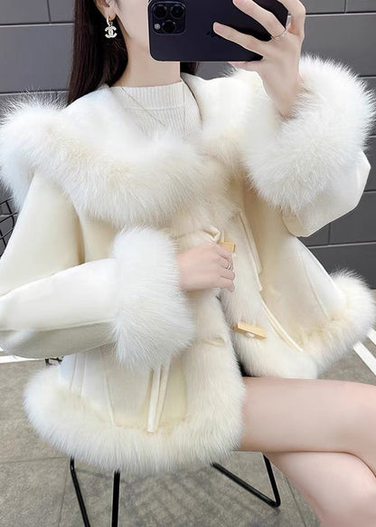 Grey Fox Collar Patchwork Woolen Short Coat Spring