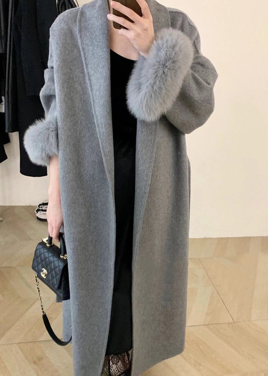 Grey Fox Fur Patchwork Woolen Duster Coat Winter