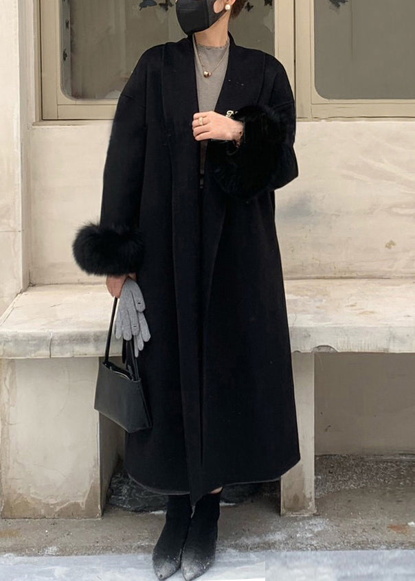 Grey Fox Fur Patchwork Woolen Duster Coat Winter