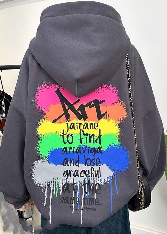 Grey Hooded Cartoon Print Cotton Sweatshirts Spring