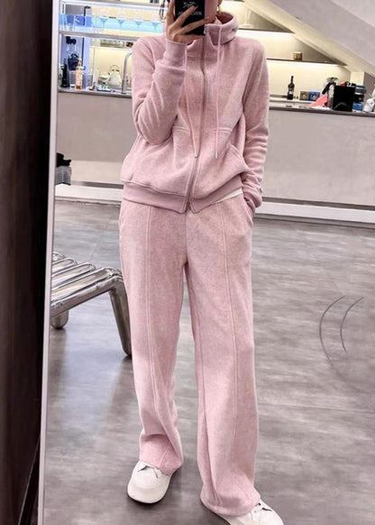 Grey Hooded Coats and Straight Pants Two Pieces Set Long Sleeve