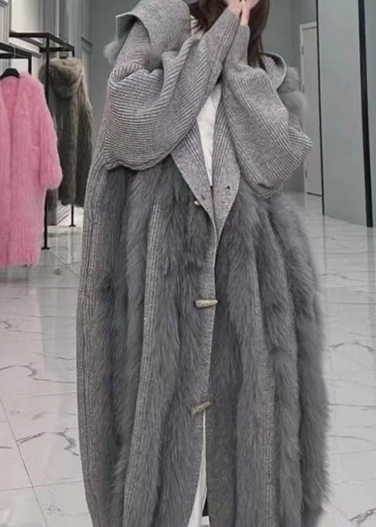 Grey Hooded Fox Fur Patchwork Knit Cardigan Fall