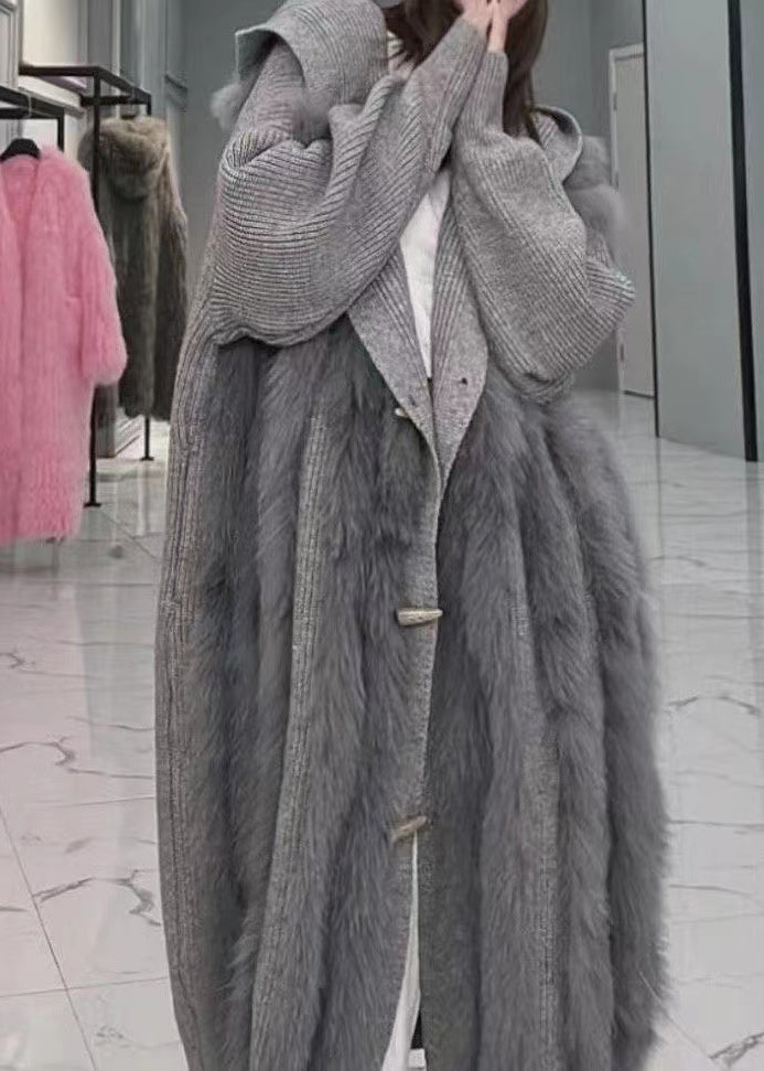Grey Hooded Fox Fur Patchwork Knit Cardigan Fall