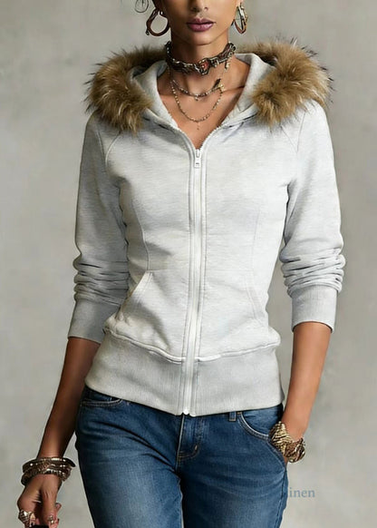 Grey Hooded Fur Collar Patchwork Cotton Coat Spring