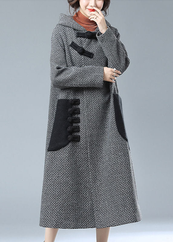 Grey Hooded Pockets Patchwork Woolen Trench Coats Winter