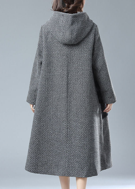 Grey Hooded Pockets Patchwork Woolen Trench Coats Winter