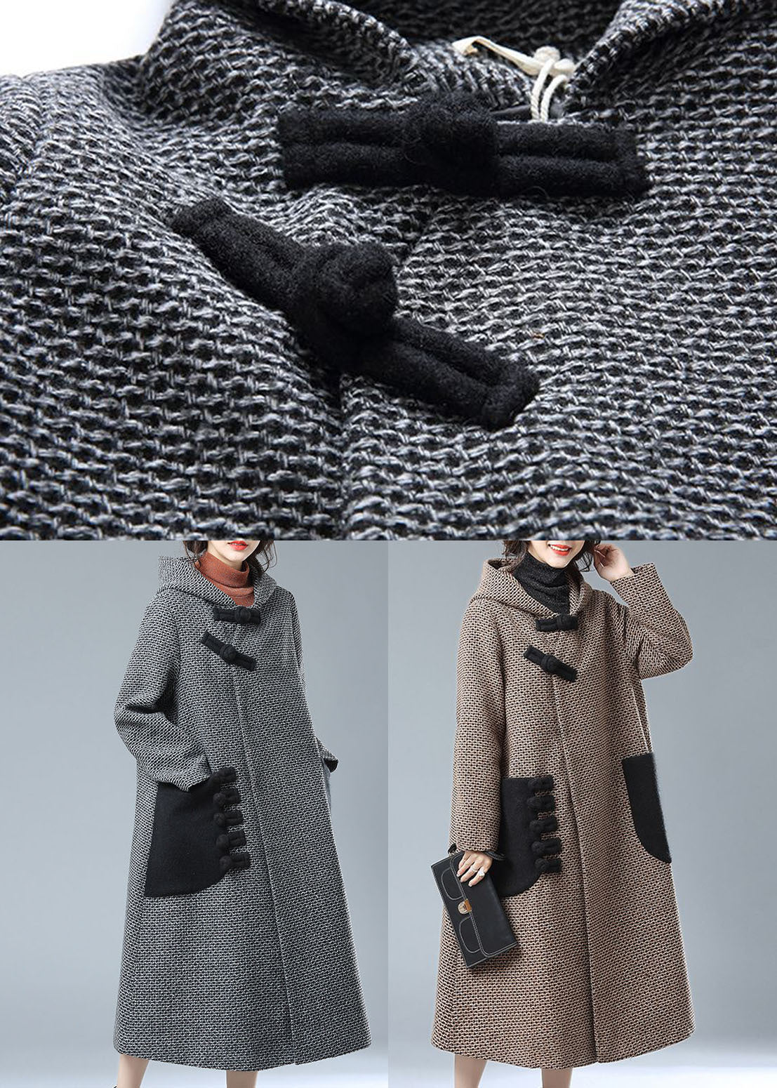 Grey Hooded Pockets Patchwork Woolen Trench Coats Winter