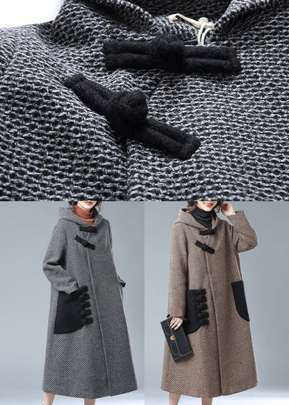 Grey Hooded Pockets Patchwork Woolen Trench Coats Winter