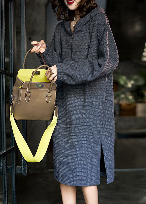Grey Hooded Zippered Side Open Cotton Loose Dresses Winter