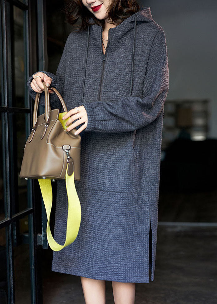Grey Hooded Zippered Side Open Cotton Loose Dresses Winter