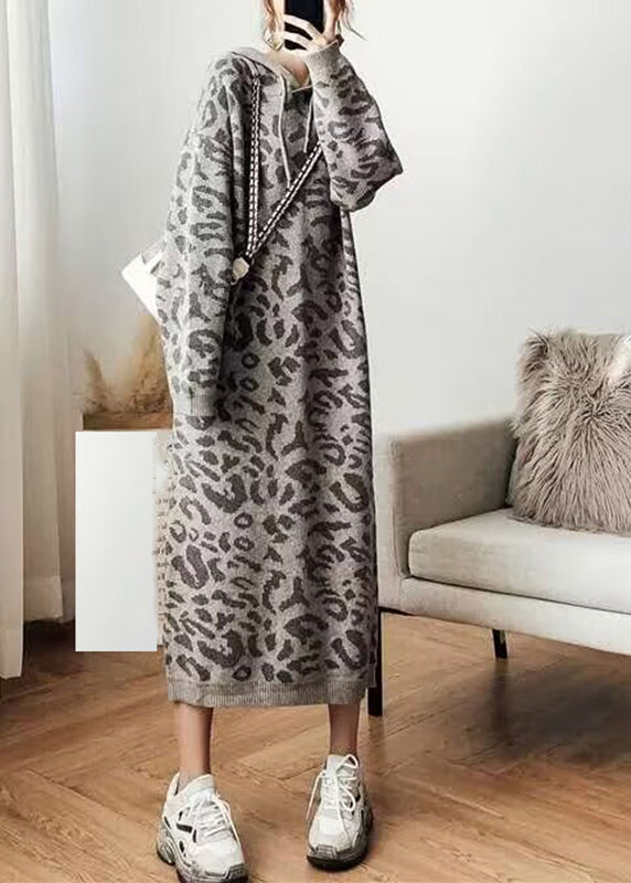 Grey Leopard Cozy Hoodie Knit Sweater Dress Fall