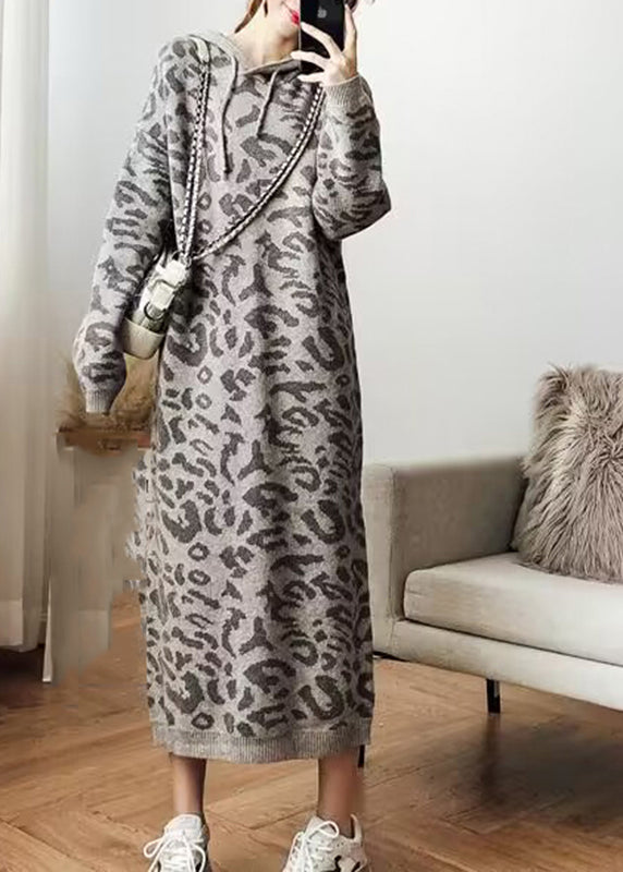 Grey Leopard Cozy Hoodie Knit Sweater Dress Fall