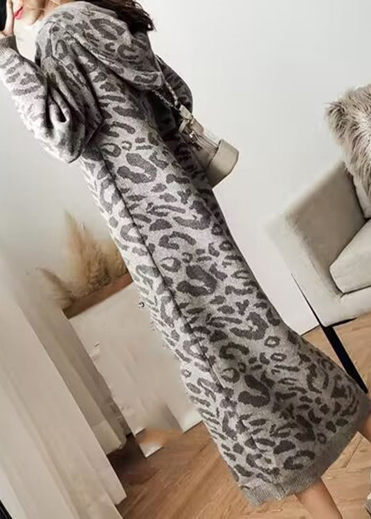 Grey Leopard Cozy Hoodie Knit Sweater Dress Fall