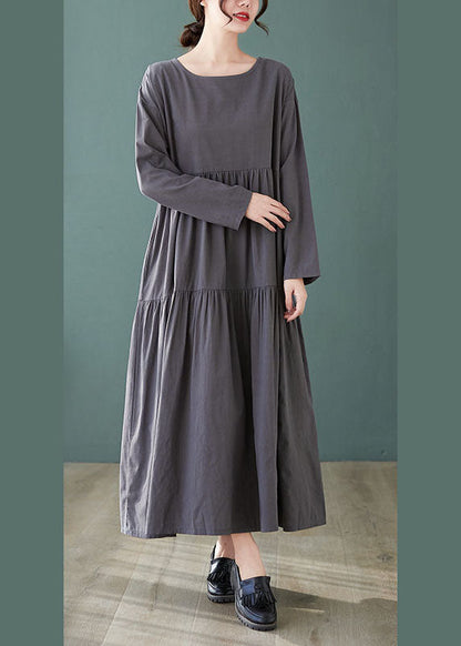 Grey Loose Pockets Wrinkled Fall Vacation Dresses Long Sleeve
