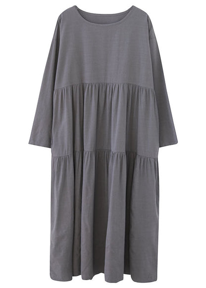 Grey Loose Pockets Wrinkled Fall Vacation Dresses Long Sleeve