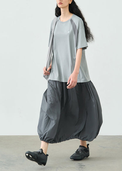 Grey O Neck Patchwork Cotton Long Dresses Summer