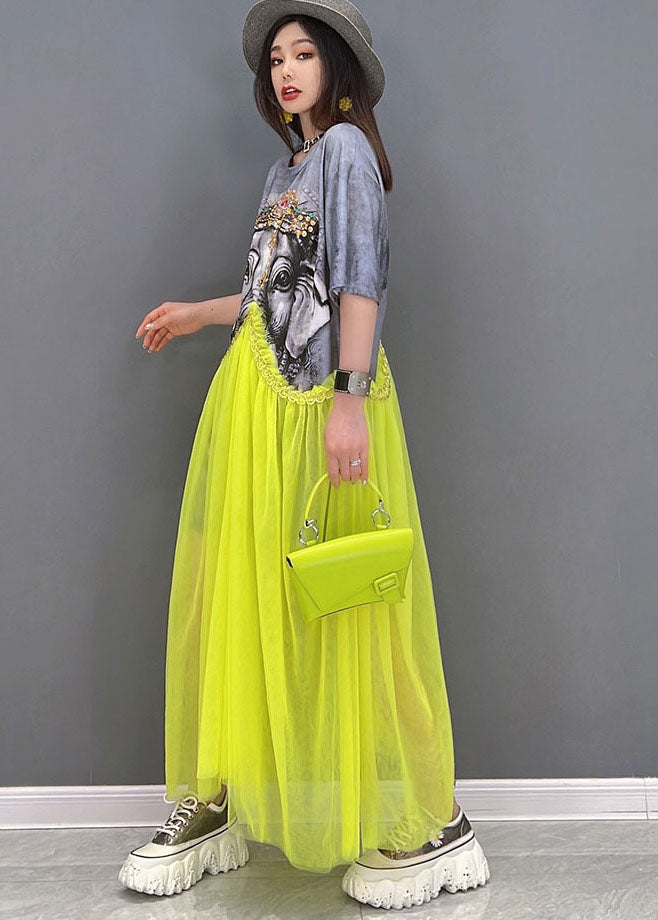 Grey O-neck Patchwork Tulle Print Cotton Maxi Dress Short Sleeve