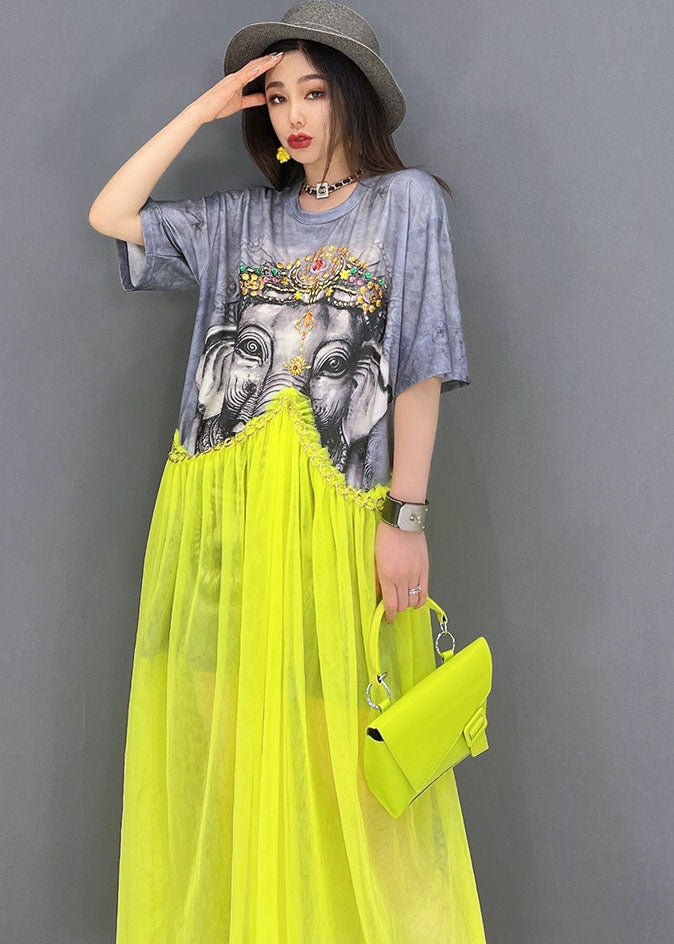 Grey O-neck Patchwork Tulle Print Cotton Maxi Dress Short Sleeve