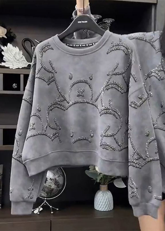 Grey O-neck Sequins Sweatshirt Spring