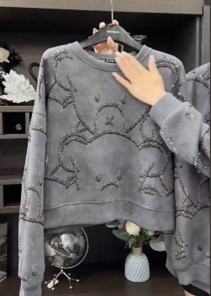 Grey O-neck Sequins Sweatshirt Spring