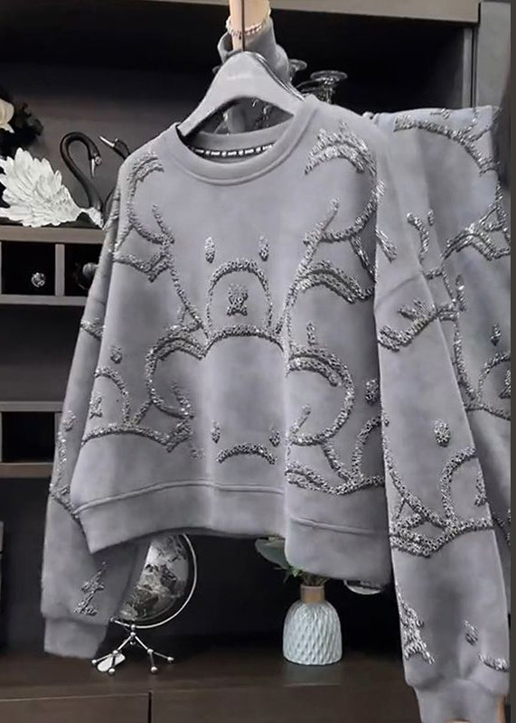 White Flowers O-neck Sequins Sweatshirt Spring