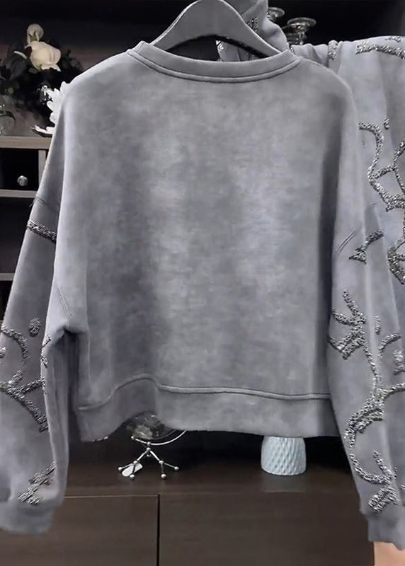 White Flowers O-neck Sequins Sweatshirt Spring