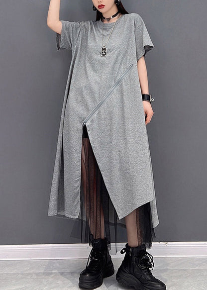 Grey O-neck Zippered Tulle Patchwork Dresses Short Sleeve