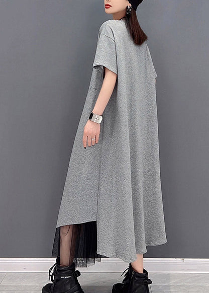 Grey O-neck Zippered Tulle Patchwork Dresses Short Sleeve