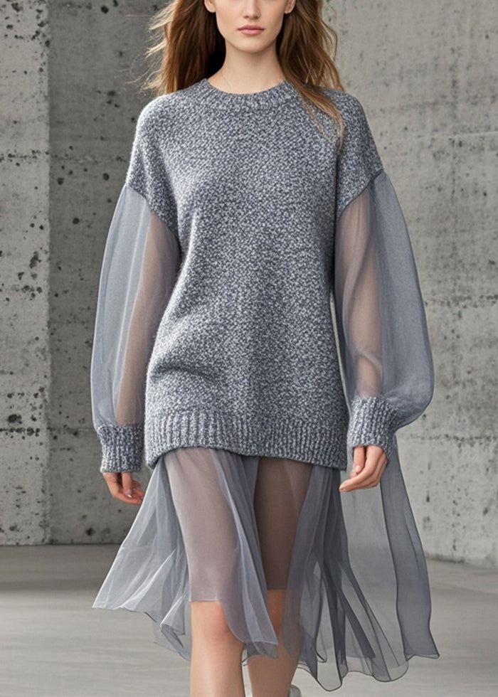 Grey Oversized Patchwork Tulle Knitted Dress Fall