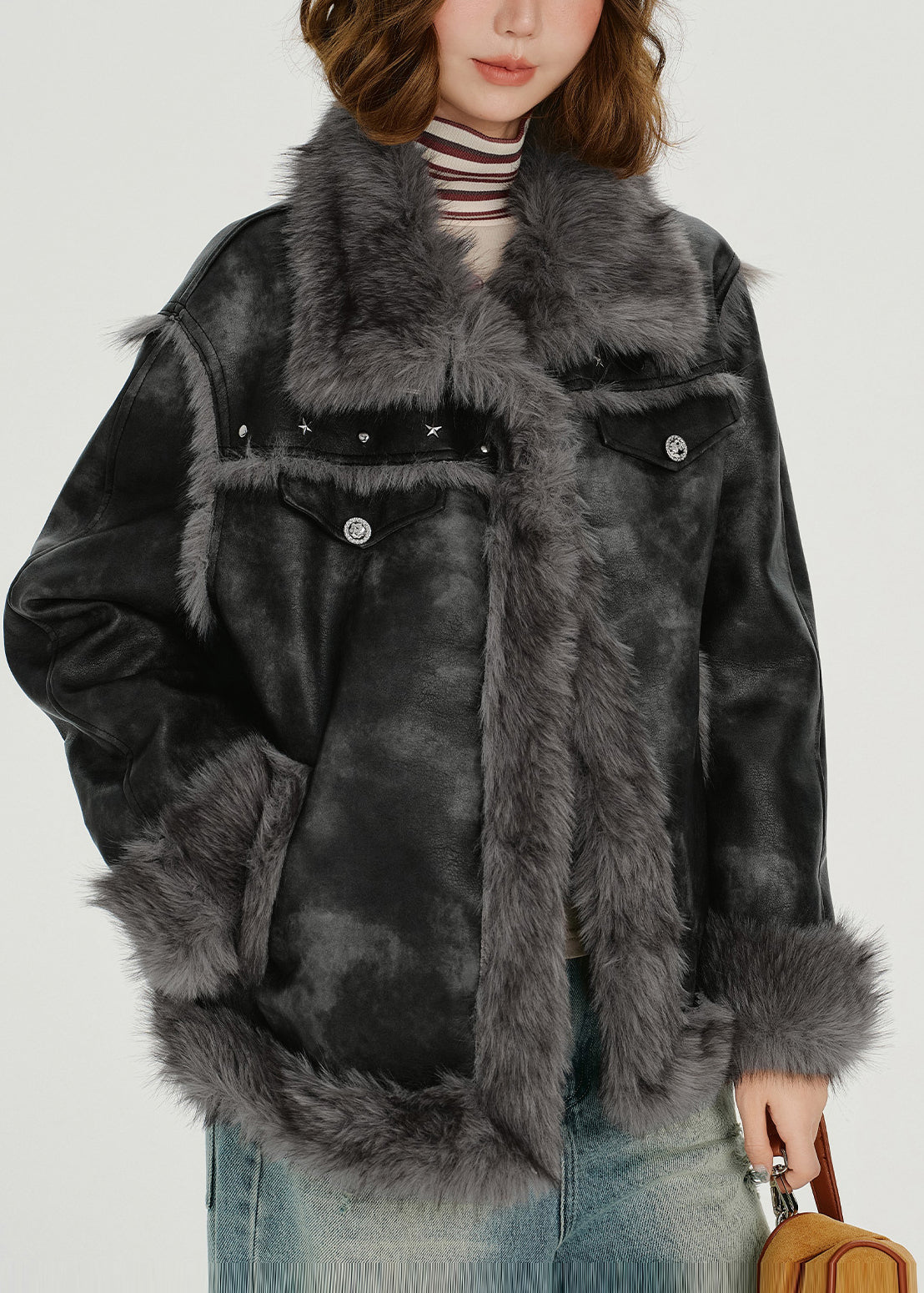 Grey Oversized Tie Dye Faux Leather Jackets Winter