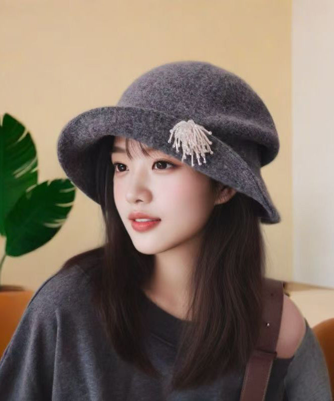 Grey Pearl Head Ornaments Woolen Bucket Hat