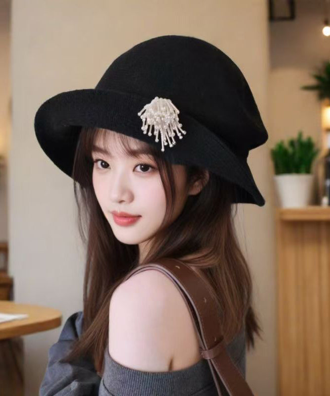 Grey Pearl Head Ornaments Woolen Bucket Hat