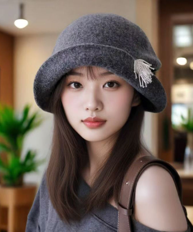 Grey Pearl Head Ornaments Woolen Bucket Hat